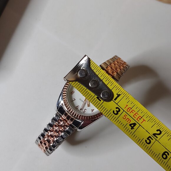 6 Inch Two Tone Metal Stretch Watch With White Dial - Picture 10 of 12